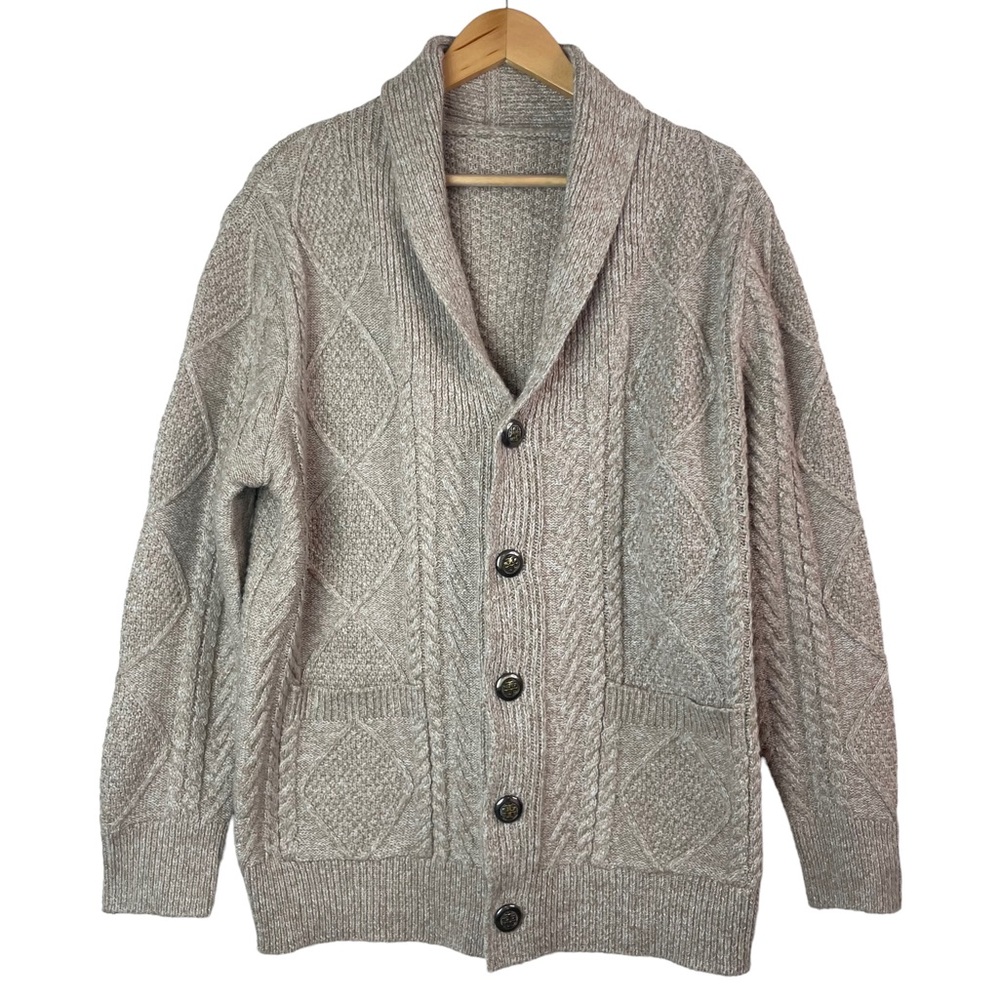 Tory Burch Shawl Collar Chunky Cable Knit Button Front Neutral Cardigan Sweater